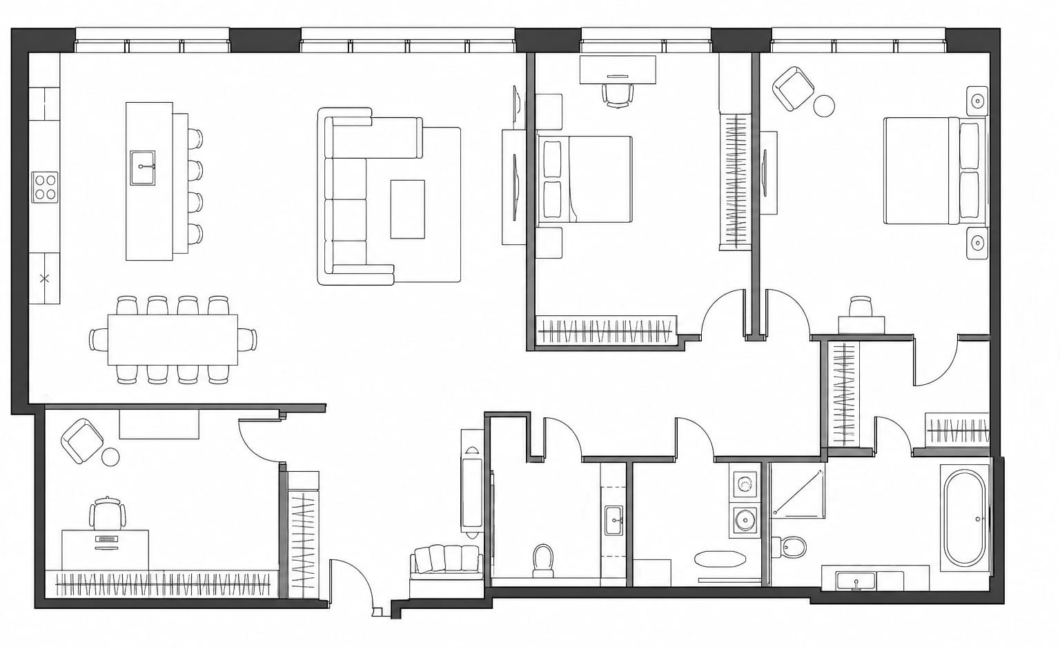 Планировка апартаментов 130 м² на 56-м этаже ЖК Федерация в ММДЦ Москва-Сити