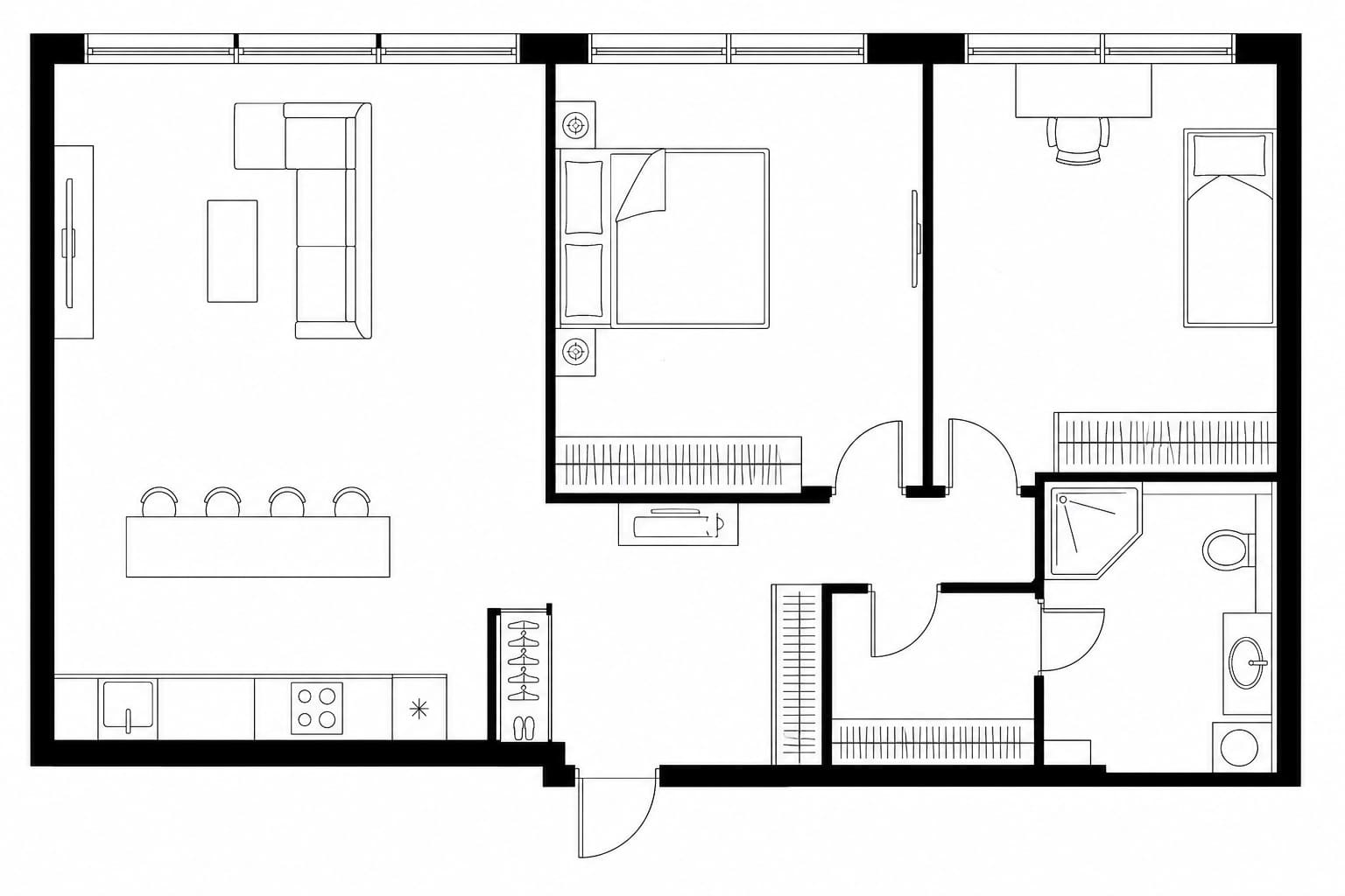Планировка апартаментов 76 м² на 54-м этаже ЖК Федерация в ММДЦ Москва-Сити