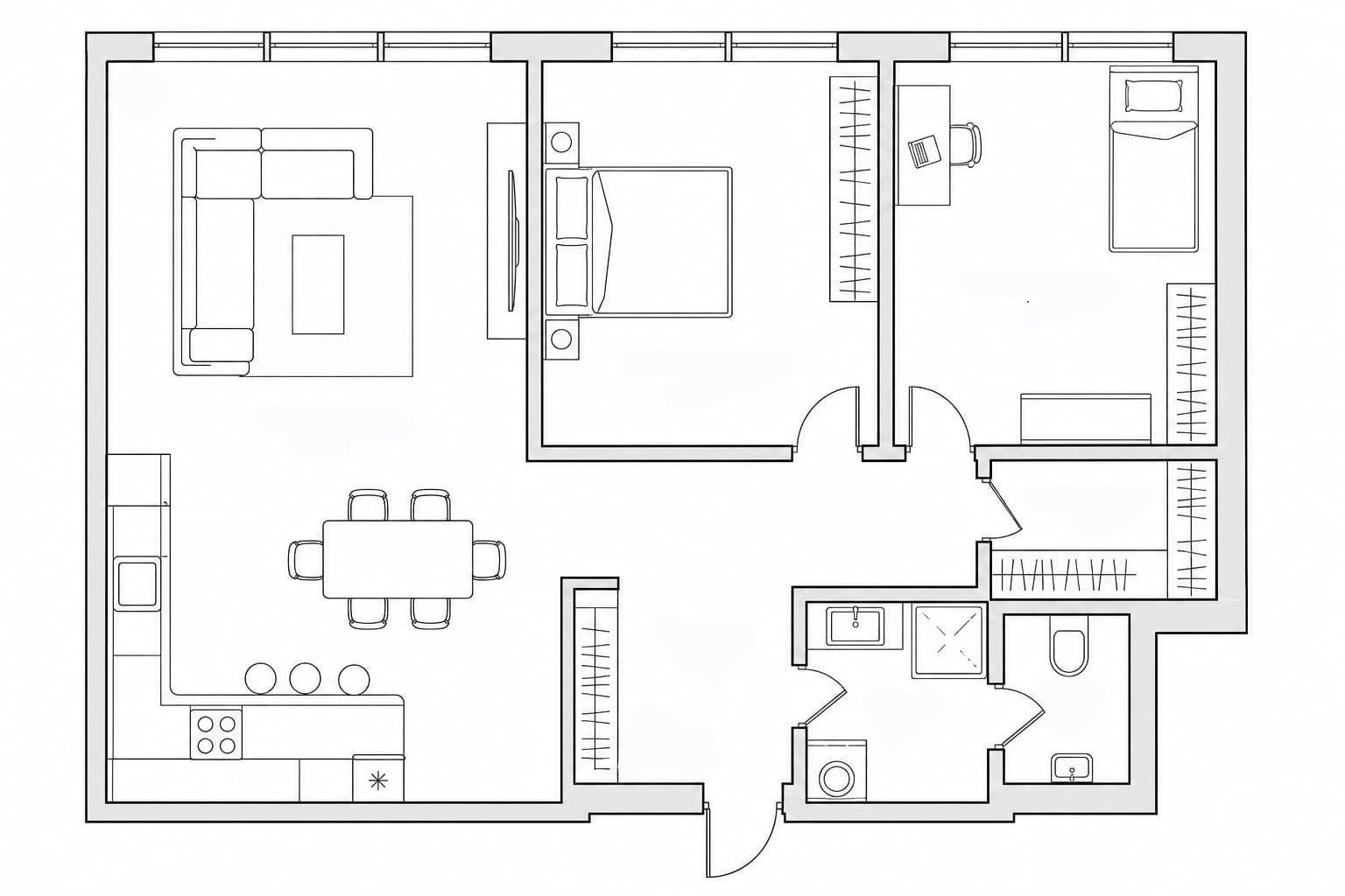 Планировка апартаментов 75 м² на 55-м этаже ЖК Федерация в ММДЦ Москва-Сити