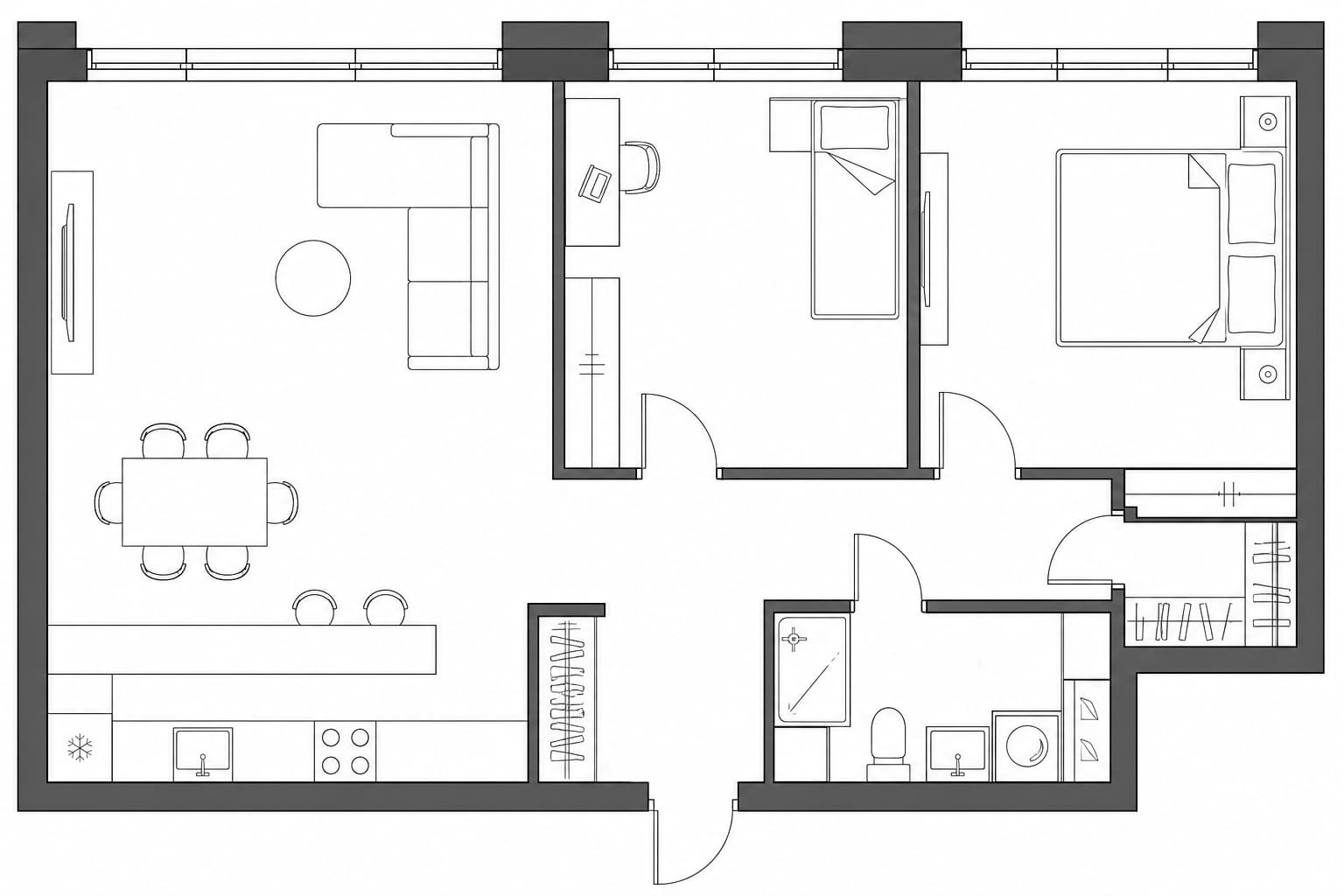 Проект планировки апартаментов 54 м² на 55-м этаже ЖК Grand Tower в ММДЦ Москва-Сити
