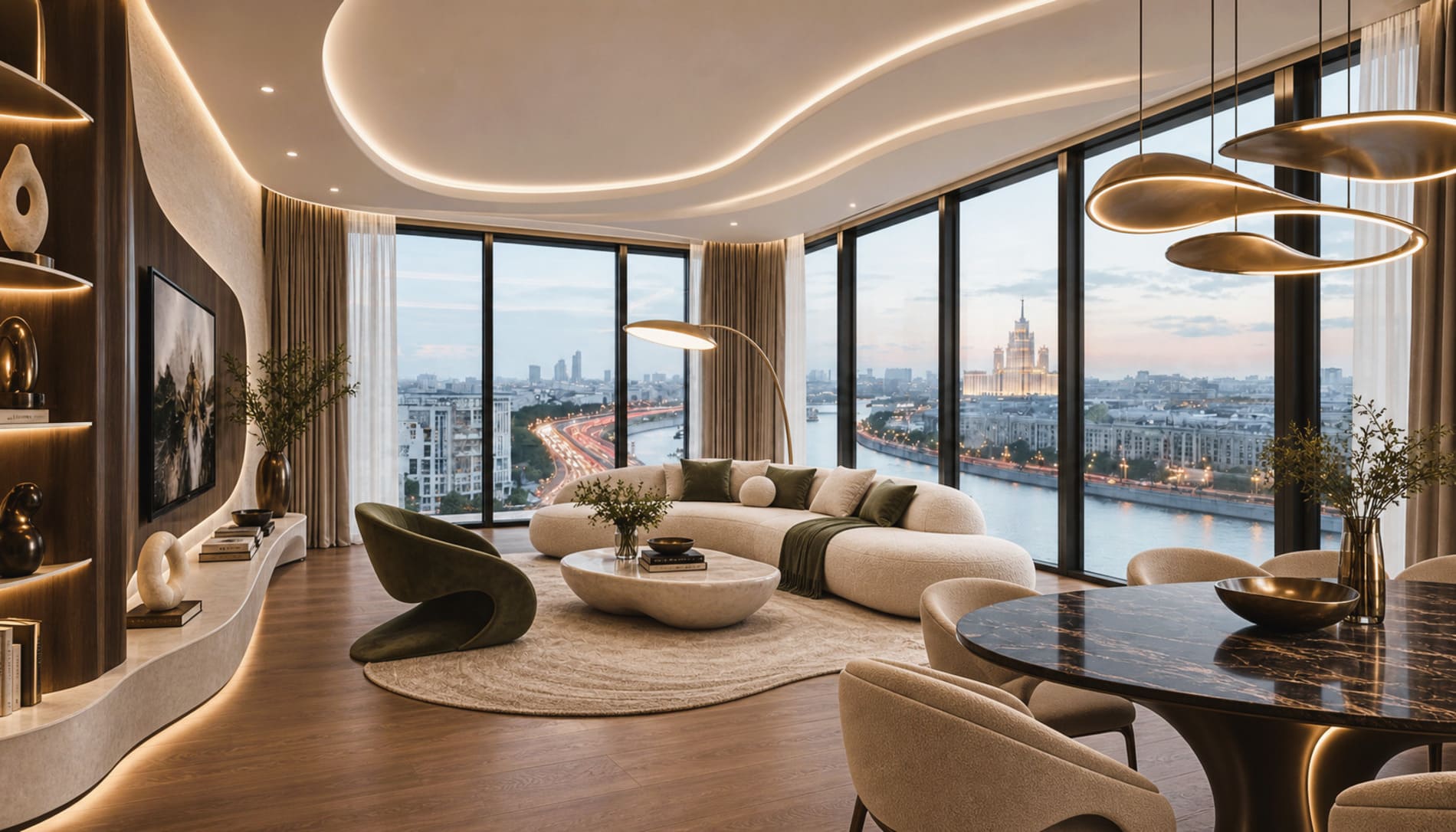Квартира 56 м² One Tower Москва-Сити. Квартиры выставлены на продажу на стадии строительства, визуализация показывает один из возможных вариантов отделки, финальный интерьер будет зависеть от собственника помещения.