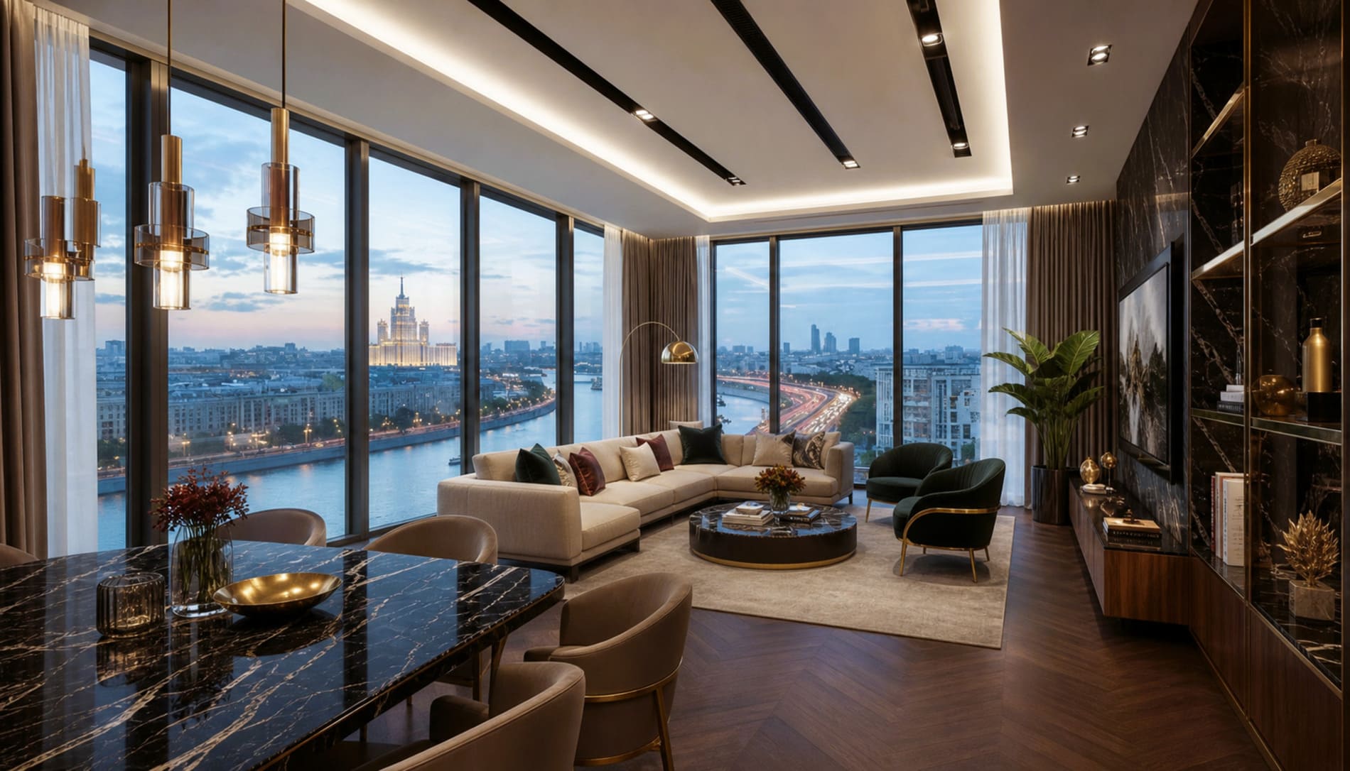 Квартира 91 м² One Tower Москва-Сити. Квартира выставлена на продажу на стадии строительства, визуализация показывает один из возможных вариантов отделки, финальный интерьер будет зависеть от собственника помещения.
