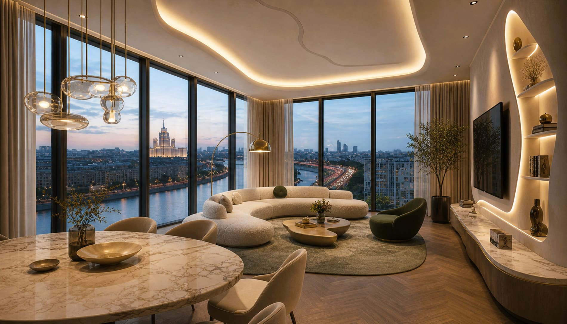 Квартира 97 м² One Tower Москва-Сити. Квартира выставлена на продажу на стадии строительства, визуализация показывает один из возможных вариантов отделки, финальный интерьер будет зависеть от собственника помещения.