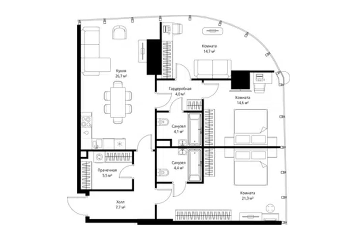 Планировка трёхкомнатной квартиры 103 м² на 38-м этаже ЖК One Tower в ММДЦ Москва-Сити по адресу: г. Москва, 1-й Красногвардейский проезд, 13