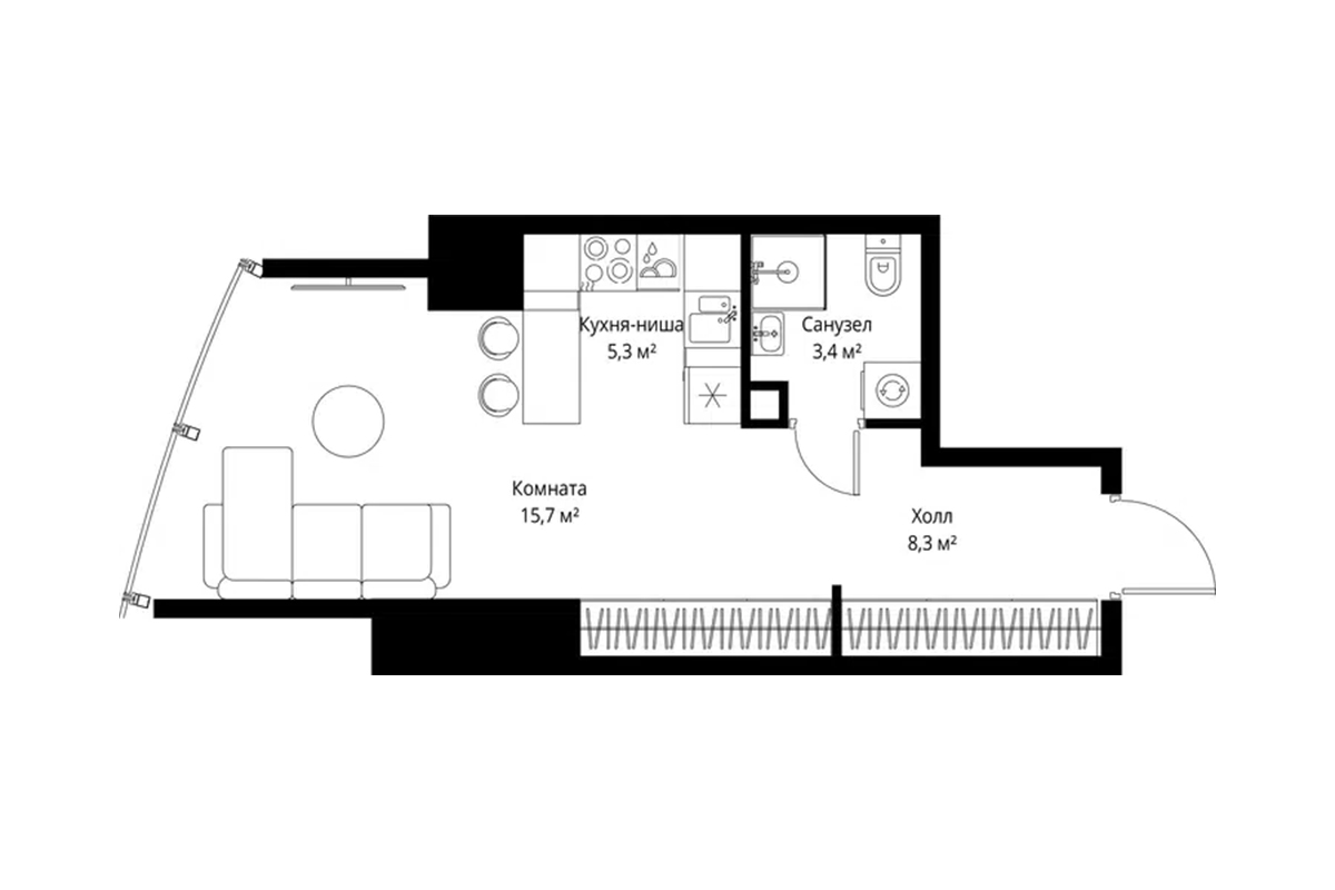 Планировка квартиры 32 м² на 37-м этаже ЖК One Tower в ММДЦ Москва-Сити по адресу: г. Москва, 1-й Красногвардейский проезд, 13