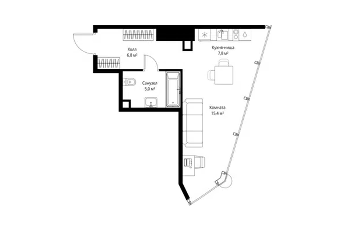 Планировка квартиры 35 м² на 55-м этаже ЖК One Tower в ММДЦ Москва-Сити по адресу: г. Москва, 1-й Красногвардейский проезд, 13
