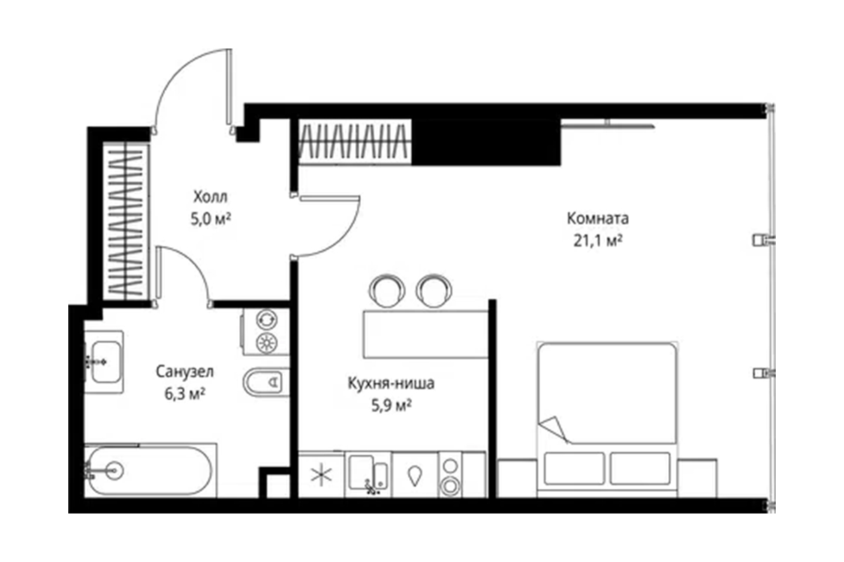 Планировка квартиры 38 м² на 55-м этаже ЖК One Tower в ММДЦ Москва-Сити по адресу: г. Москва, 1-й Красногвардейский проезд, 13