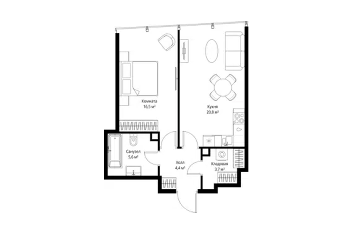 Планировка квартиры 51 м² на 38-м этаже ЖК One Tower в ММДЦ Москва-Сити по адресу: г. Москва, 1-й Красногвардейский проезд, 13