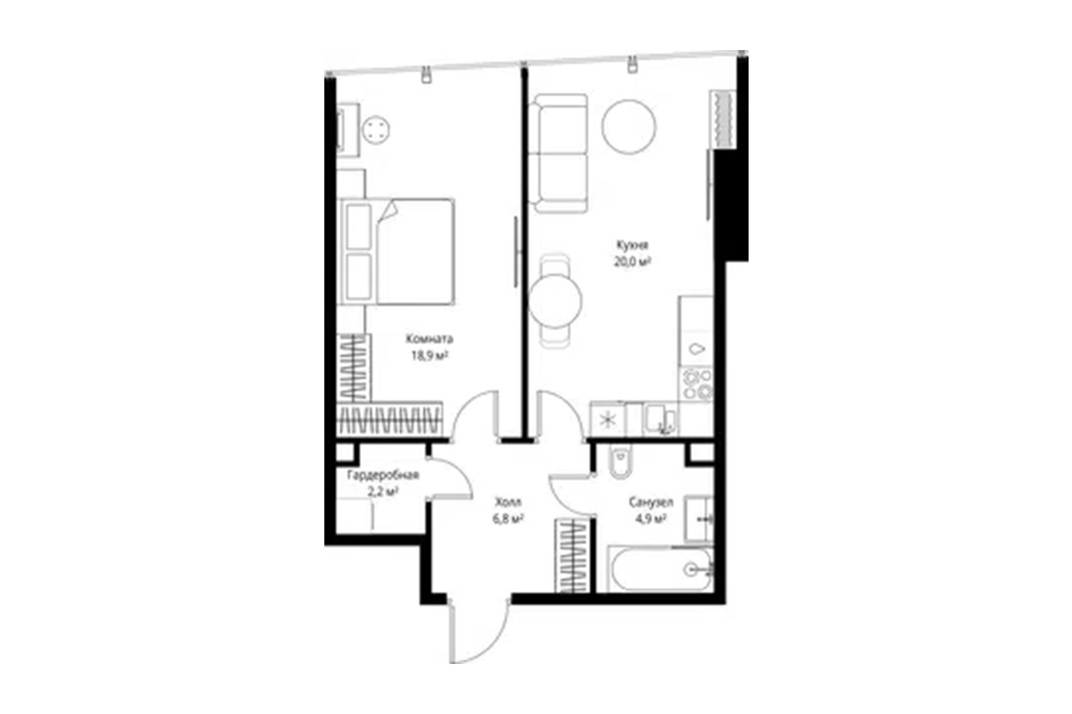 Планировка однокомнатной квартиры 53 м² на 52-м этаже ЖК One Tower в ММДЦ Москва-Сити по адресу: г. Москва, 1-й Красногвардейский проезд, 13