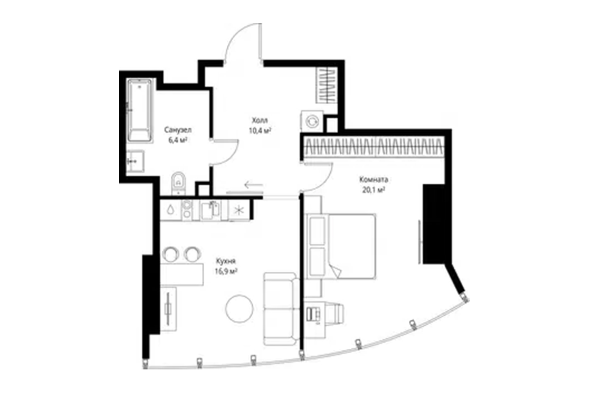 Планировка однокомнатных апартаментов 54 м² на 37-м этаже ЖК One Tower в ММДЦ Москва-Сити по адресу: г. Москва, 1-й Красногвардейский проезд, 13
