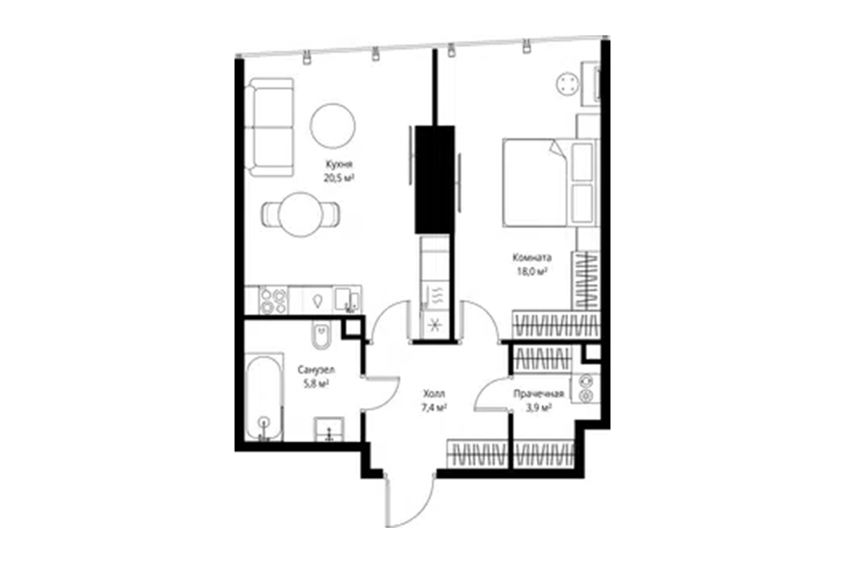 Планировка однокомнатных квартиры 56 м² на 38-м этаже ЖК One Tower в ММДЦ Москва-Сити по адресу: г. Москва, 1-й Красногвардейский проезд, 13