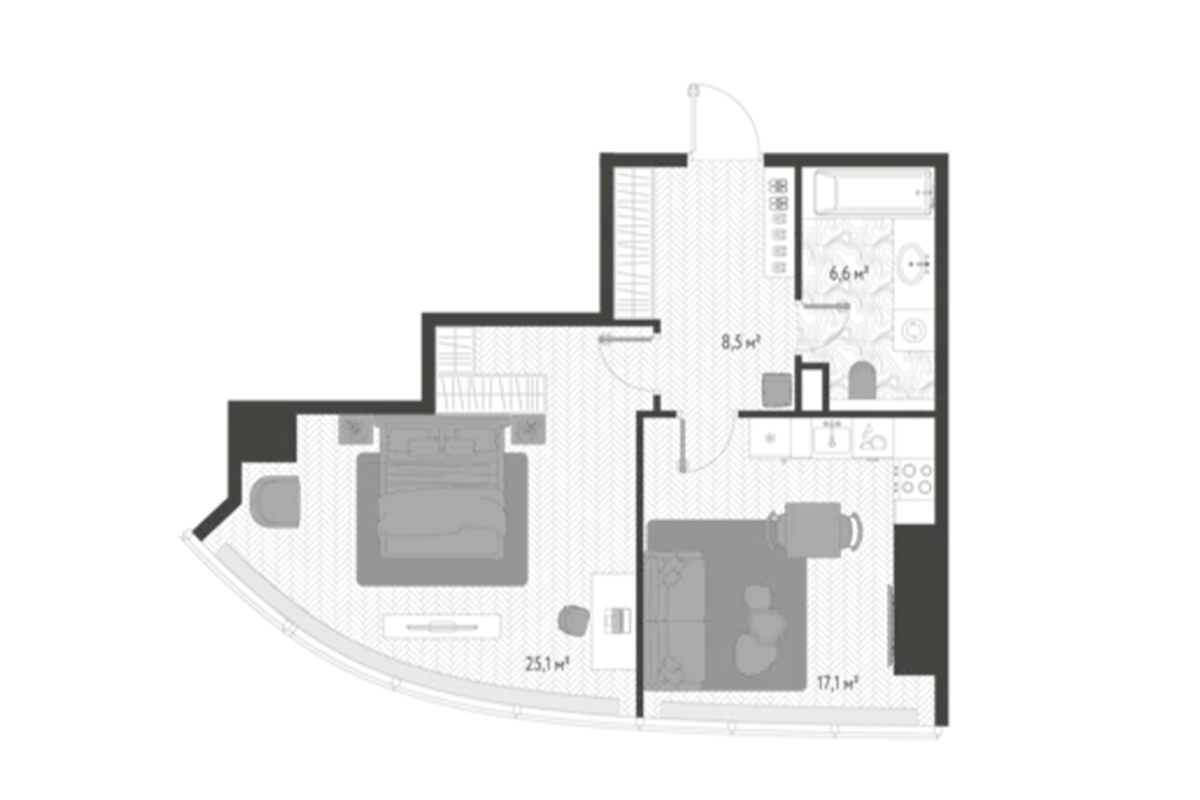 Планировка квартиры 57 м² на 36-м этаже ЖК One Tower в ММДЦ Москва-Сити по адресу: г. Москва, 1-й Красногвардейский проезд, 13