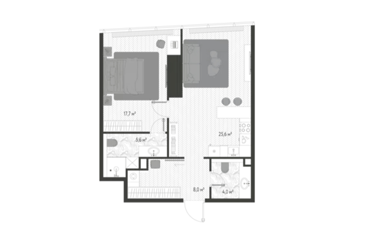 Планировка квартиры 61 м² на 49-м этаже ЖК One Tower в ММДЦ Москва-Сити по адресу: г. Москва, 1-й Красногвардейский проезд, 13