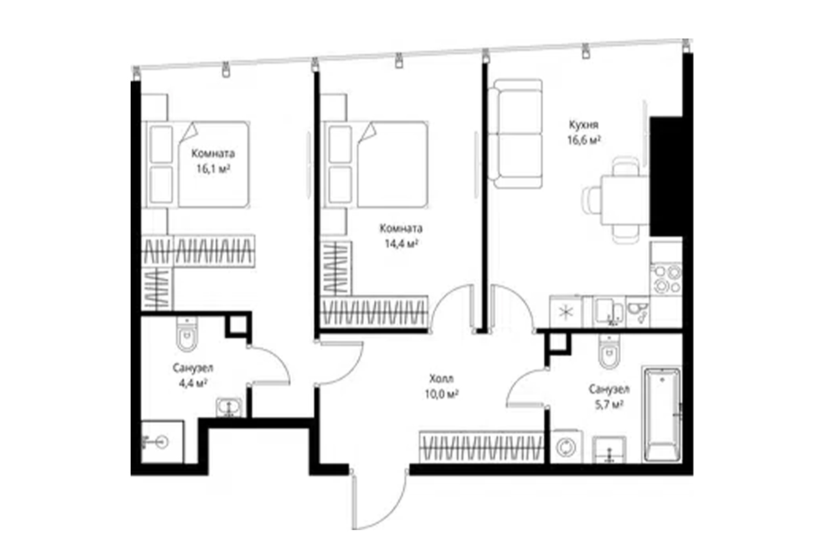 Планировка двухкомнатной квартиры 67 м² на 45-м этаже ЖК One Tower в ММДЦ Москва-Сити по адресу: г. Москва, 1-й Красногвардейский проезд, 13