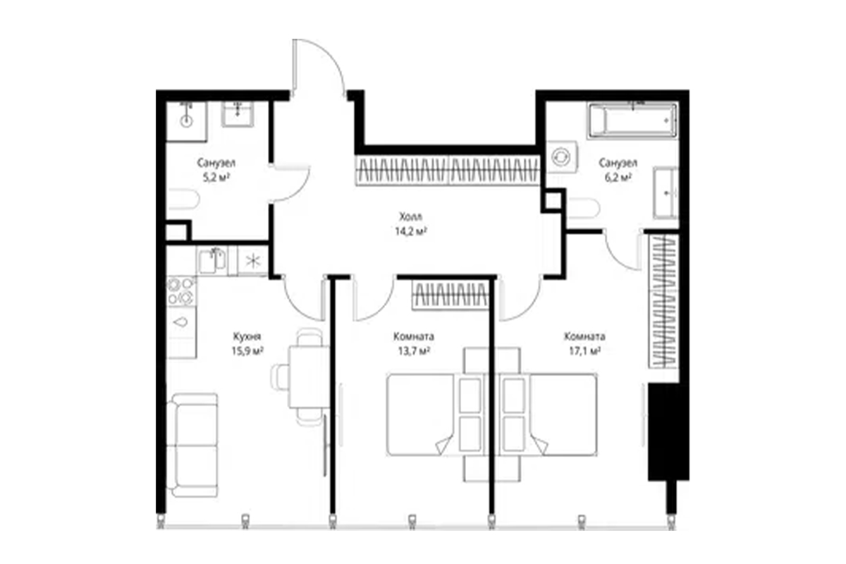 Планировка двухкомнатной квартиры 72 м² на 51-м этаже ЖК One Tower в ММДЦ Москва-Сити по адресу: г. Москва, 1-й Красногвардейский проезд, 13