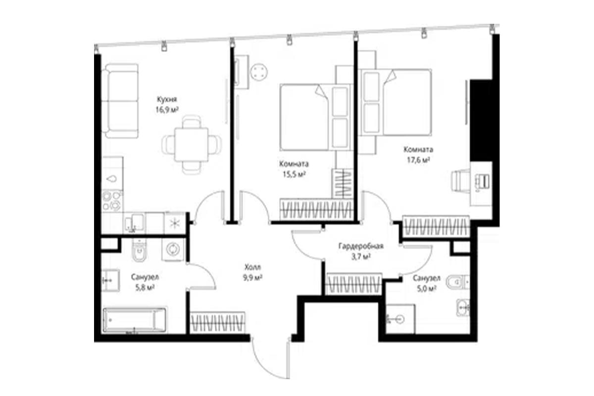 Планировка двухкомнатной квартиры 74 м² на 37-м этаже ЖК One Tower в ММДЦ Москва-Сити по адресу: г. Москва, 1-й Красногвардейский проезд, 13