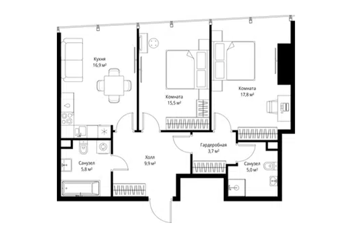 Планировка двухкомнатной квартиры 75 м² на 53-м этаже ЖК One Tower в ММДЦ Москва-Сити по адресу: г. Москва, 1-й Красногвардейский проезд, 13