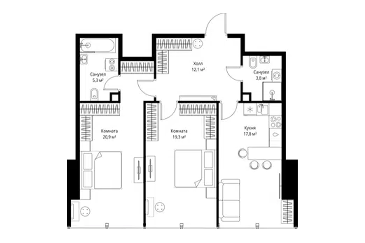 Планировка двухкомнатной квартиры 79 м² на 55-м этаже ЖК One Tower в ММДЦ Москва-Сити по адресу: г. Москва, 1-й Красногвардейский проезд, 13