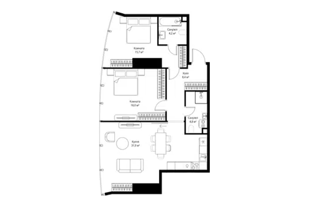 Планировка двухкомнатной квартиры 83 м² на 41-м этаже ЖК One Tower в ММДЦ Москва-Сити по адресу: г. Москва, 1-й Красногвардейский проезд, 13