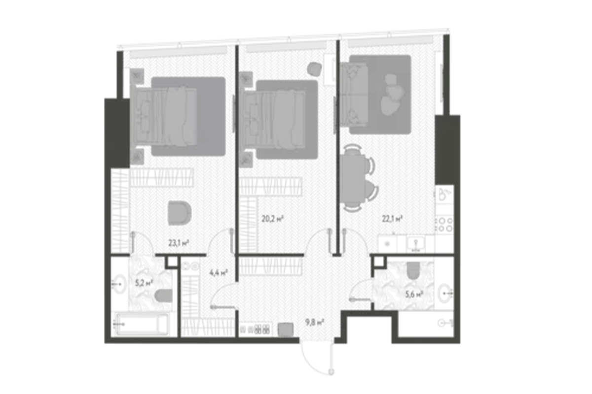 Планировка двухкомнатной квартиры 90 м² на 40-м этаже ЖК One Tower в ММДЦ Москва-Сити по адресу: г. Москва, 1-й Красногвардейский проезд, 13