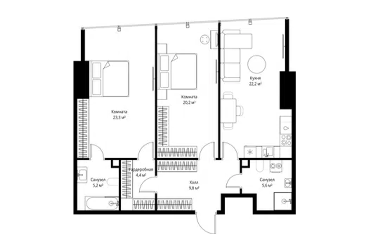 Планировка двухкомнатной квартиры 91 м² на 55-м этаже ЖК One Tower в ММДЦ Москва-Сити по адресу: г. Москва, 1-й Красногвардейский проезд, 13