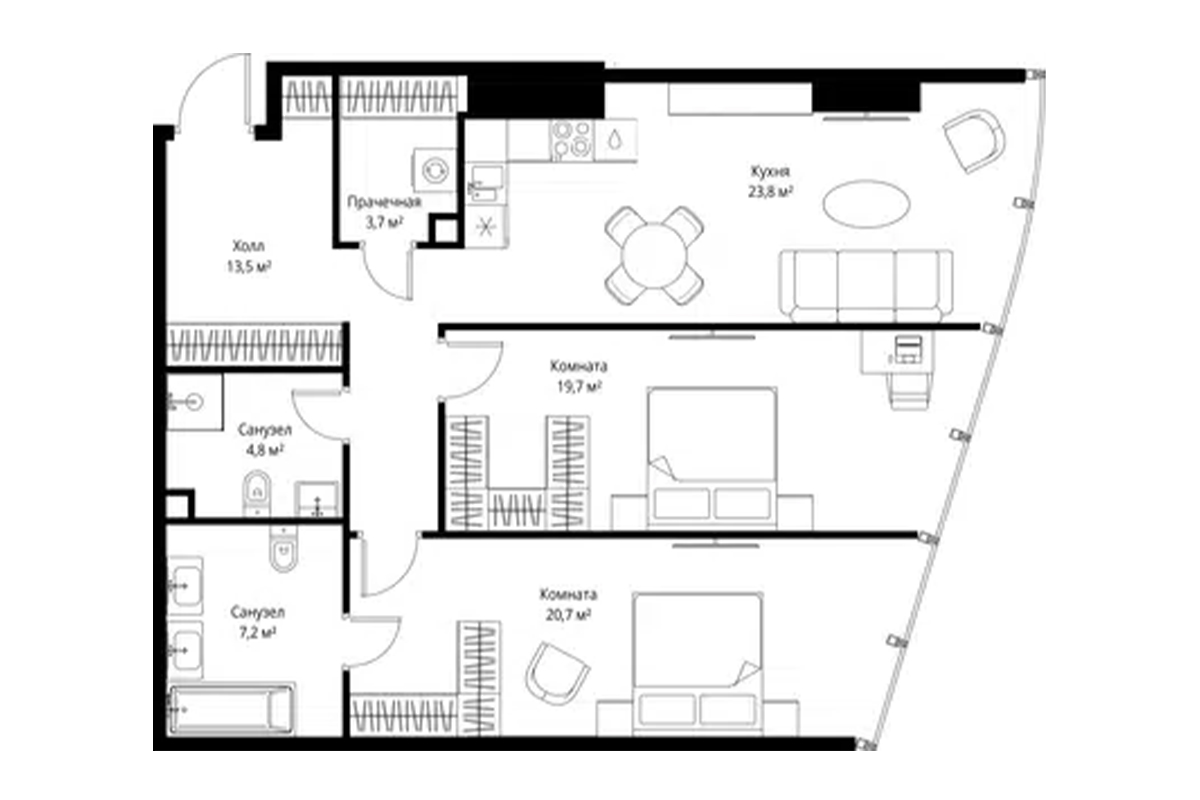 Планировка двухкомнатной квартиры 93 м² на 53-м этаже ЖК One Tower в ММДЦ Москва-Сити по адресу: г. Москва, 1-й Красногвардейский проезд, 13