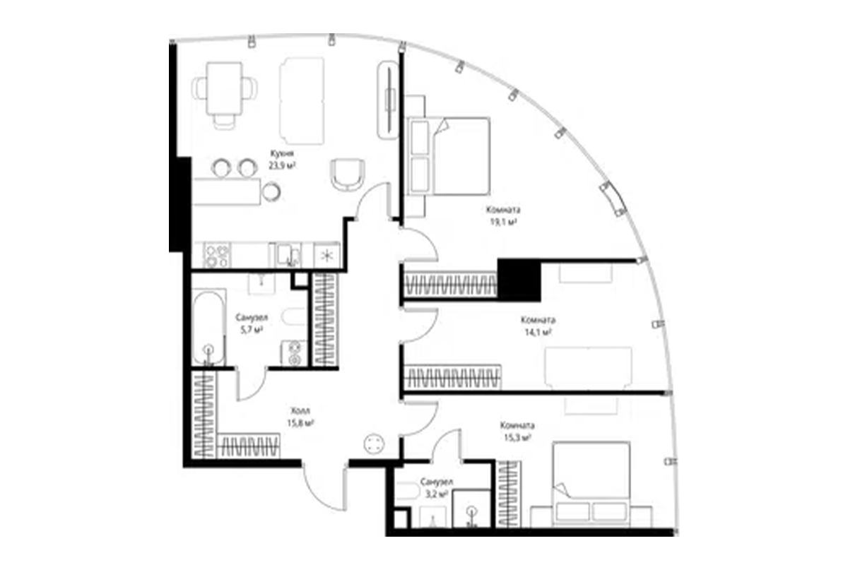 Планировка трёхкомнатной квартиры 97 м² на 45-м этаже ЖК One Tower в ММДЦ Москва-Сити по адресу: г. Москва, 1-й Красногвардейский проезд, 13